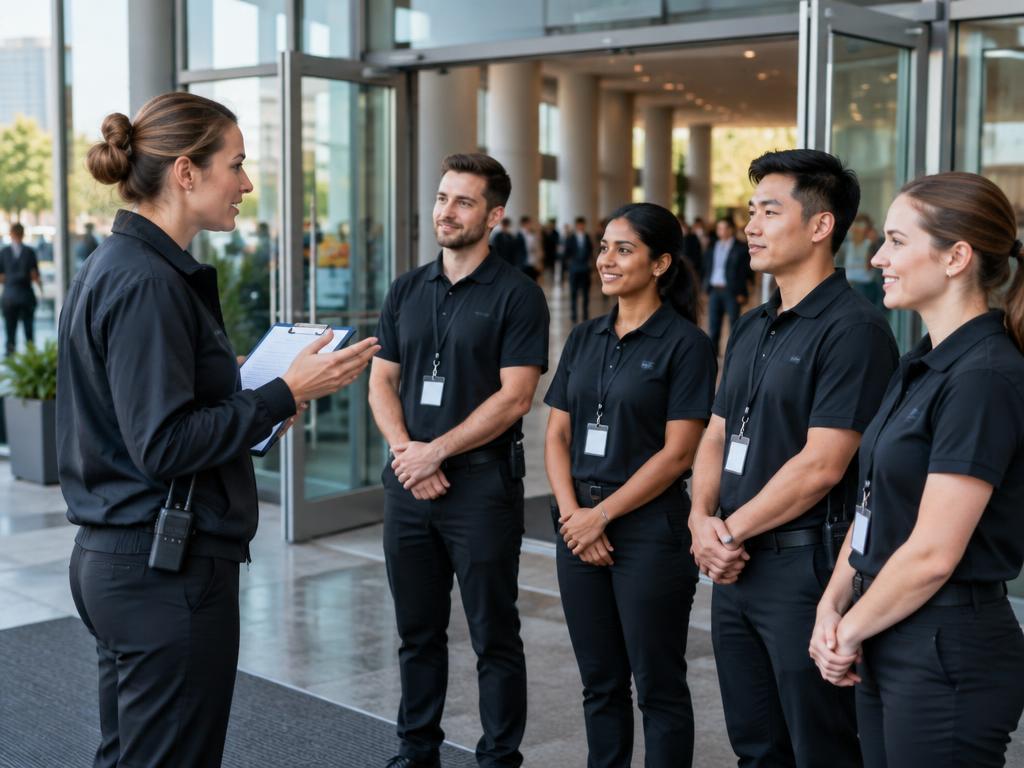 Coordenadora alinhando a equipe de eventos na entrada de um centro de convenções